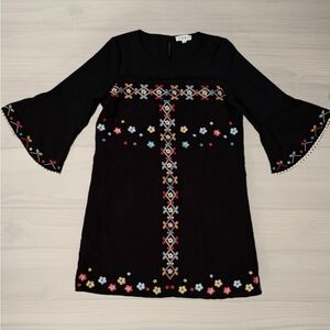 THML Embroidered Boho Tunic Dress Bell Sleeve Black Floral Folk Small
